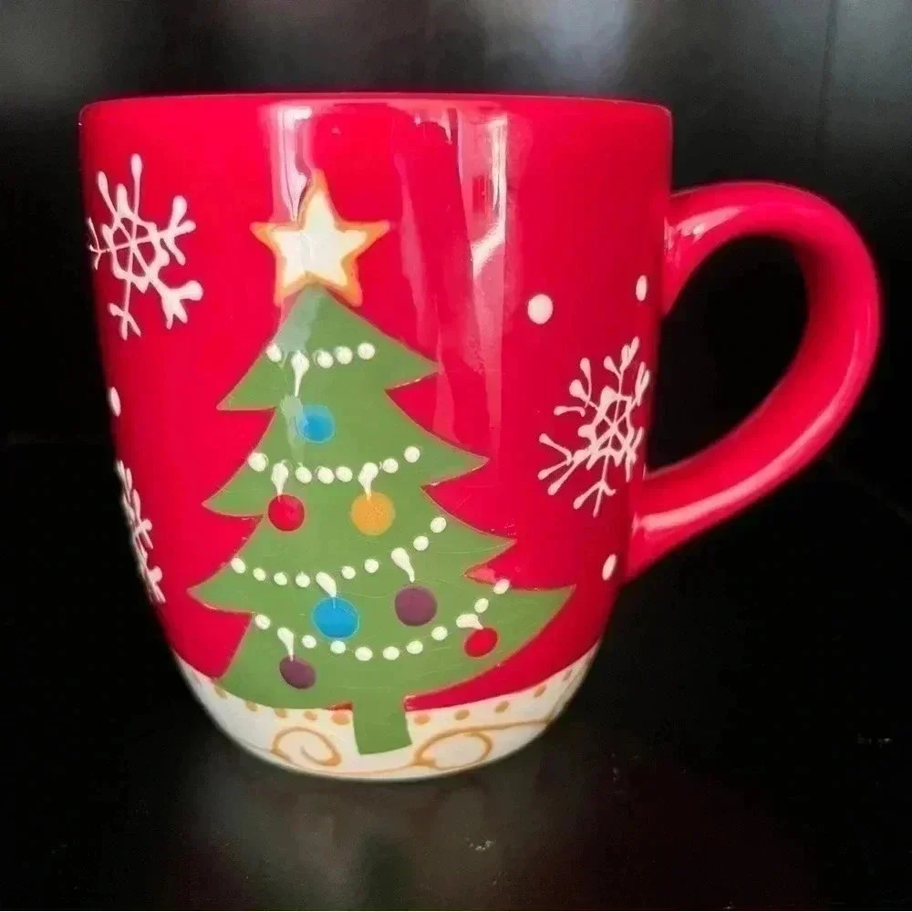 Pier 1 Imports Christmas Tree Snowflakes Red Large Coffee Mug Handpainted